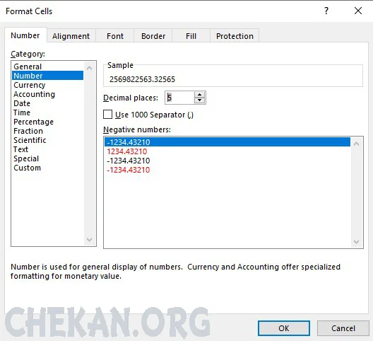 دسترسی به سربرگ Number در پنجره Format Cells  در اکسل-Access to Number tab of Format Cells windows