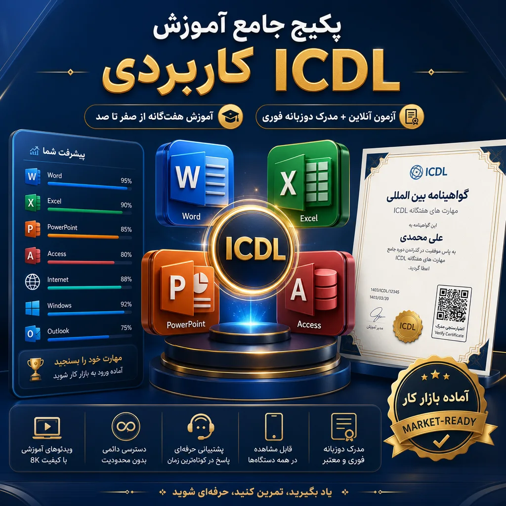 پکیج جامع ICDL کاربردی – آموزش عملی همه مهارتهای هفتگانه با مدرک دوزبانه پوستر پکیج جامع آموزش ICDL کاربردی به زبان فارسی با آموزش عملی همه مهارتهای هفتگانه کامپیوتر شامل مفاهیم پایه IT، Windows، Word، Excel، PowerPoint، Access و اینترنت، همراه با آزمون آنلاین و صدور مدرک دوزبانه با QR Code، روی پسزمینه گرادینت خردلی و سبز