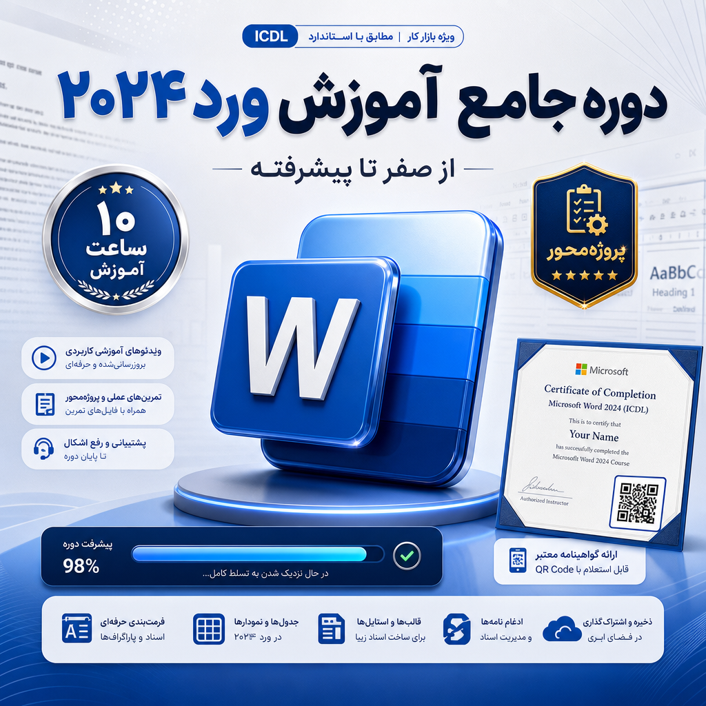 یادگیری کامل Word 2024 از صفر تا حرفهای آموزش جامع اکسل 2024,آموزش اکسل برای بازار کار, یادگیری اکسل برای استخدام شدن درمصاحبه ها,یادگیری اکسل برای مصاحبه های کاری,آموزش جامع اکسل,آموزش گام به گام اکسل,آموزش مقدماتی تا پیشرفته اکسل,آموزش ICDL 2024,آموزش جامع اکسل برای مدیران،کارشناسان و کارمندان سازمان ها و موسسات , آموزش اکسل مقدماتی تا پیشرفته, آموزش اکسل برای افراد مبتدی